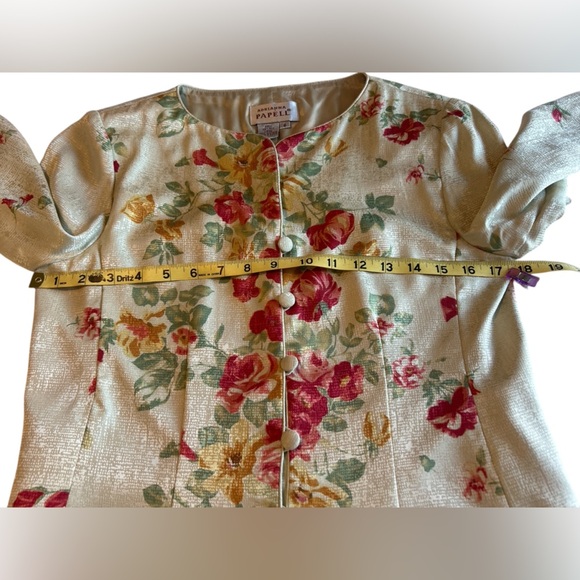 Adrianna Papell Cream/Green with Red Floral Blouse with Mandarin Collar - Picture 6 of 6